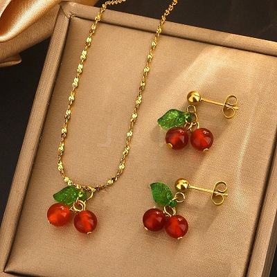 Cherry 304 Stainless Steel Glass Pendant Necklaces & Stud Dangle Earrings Sets WGB239D-01-1