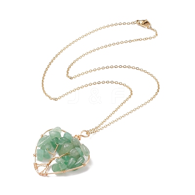 Natural Green Aventurine Chips Heart with Tree of Life Pendant Necklace NJEW-JN03906-02-1