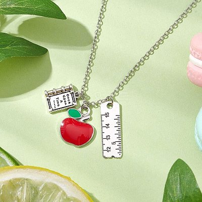 Teather's Day Alloy Red Apple Book Ruler Pendant Necklaces X1-NJEW-TA00185-1