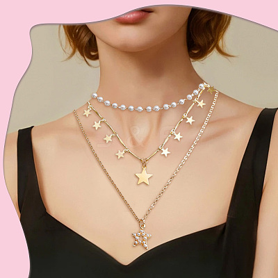 2Pcs 2 Styles Star Alloy Pendant 3 Layered Necklaces for Women NJEW-SC0001-55-1