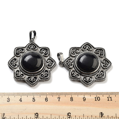 Natural Obsidian & Brass Pendants G-K338-09AS-10-1