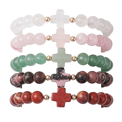 8mm Round & Cross Natural Mixed Gemstone Beaded Stretch Bracelets for Women BJEW-JB10930-1