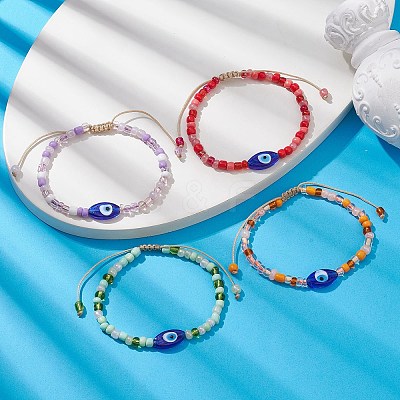 Evil Eye Lampwork & Glass Seed Braided Bead Bracelet BJEW-JB09706-1