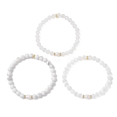 3Pcs Natural Howlite & Selenite & Quartz Crystal Round Beads Stretch Bracelets for Women BJEW-JB13058-1