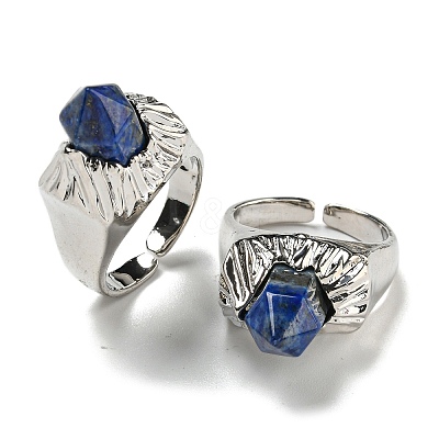 Hexagonal Prism Natural Lapis Lazuli Open Cuff Rings RJEW-B106-01P-03-1