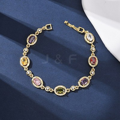 Oval Brass Micro Pave Cubic Zirconia Link Chain Bracelets for Women BJEW-D387-04G-06-1