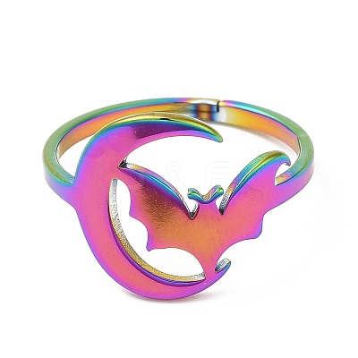 Ion Plating(IP) 304 Stainless Steel Moon with Bat Adjustable Ring for Women RJEW-M149-04RC-1