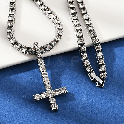 Alloy Full Crystal Rhinestone Christian Inverted Cross Pendant Necklaces NJEW-P333-01P-1