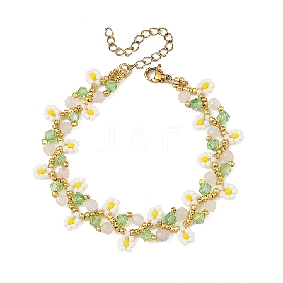 Flower Seed Bead Beaded Bracelet Sets with Natural Rose Quartz for Women BJEW-MZ00350-01-1