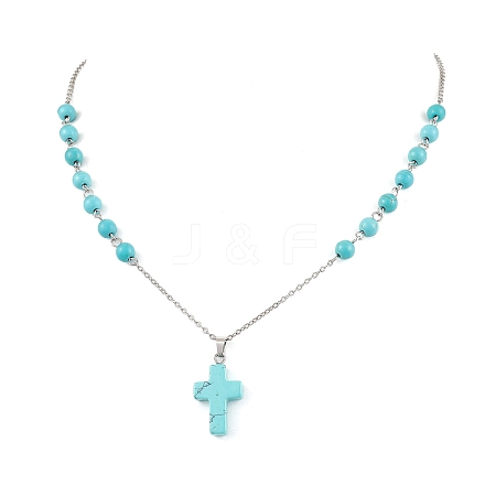 Cross Synthetic Turquoise Pendant Necklaces NJEW-JN05009-1