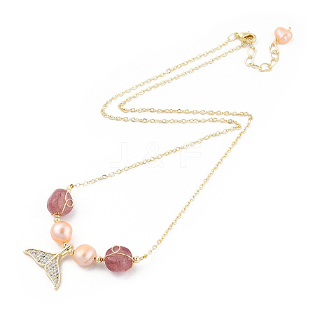 Natural Strawberry Quartz & Pearl Beaded Whale Tail Pendant Necklace with Brass Cable Chains for Women NJEW-T015-02G-1