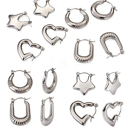 4 Pairs 4 Style Star & Rectangle & Heart & Croissant 304 Stainless Steel Hoop Earrings for Women EJEW-TA0001-17-1