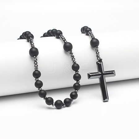 Frosted Synthetic Non-magnetic Hematite Round Beads Long Chain Cross Pendant Necklaces for Men PM3640-3-1