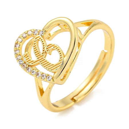 Heart with Letter Rack Plating Brass Micro Pave Cubic Zirconia Adjustable Rings for Women RJEW-I105-06G-C-1