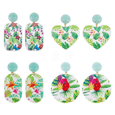 FIBLOOM 4 Pairs 4 Style Flower Enamel Dangle Stud Earrings EJEW-FI0002-31-1