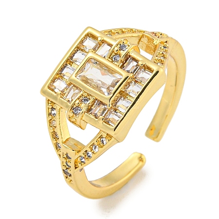 Rack Plating Brass Micro Pave Cubic Zirconia Rectangle Open Cuff Ring for Women RJEW-C082-05G-1