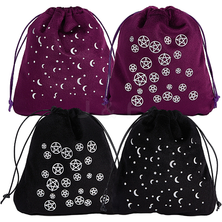 CREATCABIN 4Pcs 4 Style Pentagram Moon Velvet Tarot Cards Storage Drawstring Bags TP-CN0001-05-1