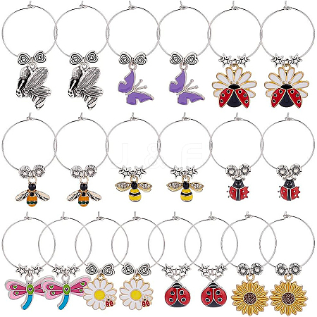 BENECREAT 20Pcs 10 Styles Flower & Bee & Butterfly & Beetle Alloy Enamel Dangle Wine Glass Charms AJEW-BC0003-17-1