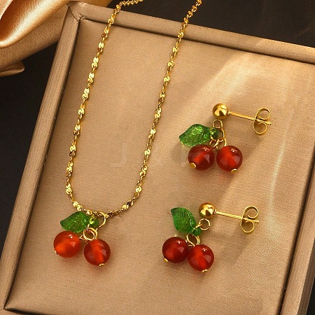 Cherry 304 Stainless Steel Glass Pendant Necklaces & Stud Dangle Earrings Sets WGB239D-01-1