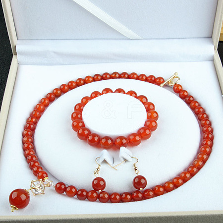 Natural Carnelian Round Beaded Necklaces & Beaded Bracelets & Dangle Earrings Sets WGE6446-12-1
