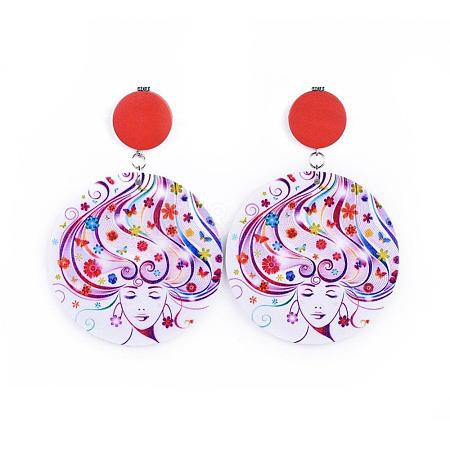 (Jewelry Parties Factory Sale)Dyed Printed Fashion Lady Wooden Dangle Stud Earrings EJEW-JE03221-08-1