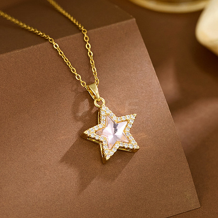 304 Stainless Steel Pave Clear Cubic Zirconia Star Pendant Necklaces for Women WG2EDAA-06-1