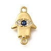 Brass Micro Pave Clear & Blue Cubic Zirconia Religion Hamsa Hand with Eye Connector Charms KK-Q043-10G-1