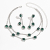 Rectangle Brass Rhinestone Double Layer Chain Necklace & Stud Dangle Earring Sets FS-WG7C731-01-3