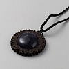 Synthetic Blue Goldstone & Wood Flower Pendant Necklace with Adjustable Nylon Cords NJEW-WH0002-118D-1