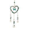 Natural Green Aventurine Chip & Brass Heart Hanging Ornaments HJEW-TA00258-1