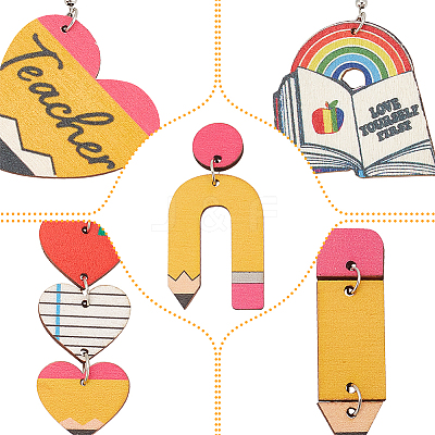 6 Pairs 6 Styles Teachers' Day Wood Dangle Earrings with Iron Pins EJEW-AN0004-85-1