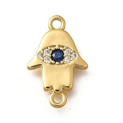 Brass Micro Pave Clear & Blue Cubic Zirconia Religion Hamsa Hand with Eye Connector Charms KK-Q043-10G-1