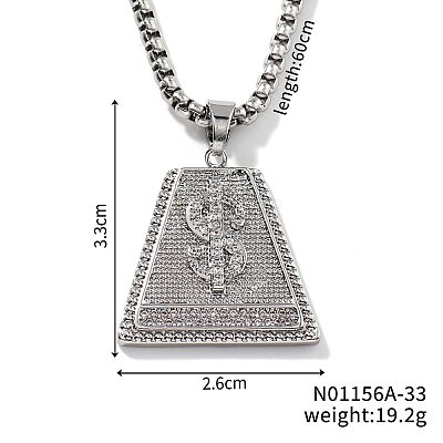 Brass Full Clear Cubic Zirconia Dollar Sign Trapezoid Pendant Box Chain Necklaces IF1636-1-1