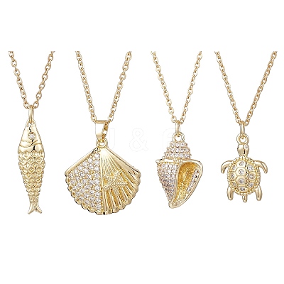 4Pcs 4 Styles Ocean Theme Brass Micro Pave Clear Cubic Zirconia Fish Turtle Shell Shape Pendant 304 Stainless Steel Cable Chain Necklaces for Women NJEW-JN05408-1