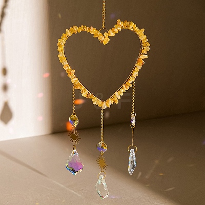 Heart Natural Yellow Quartz Chips Hanging Ornaments HJEW-G024-01C-1