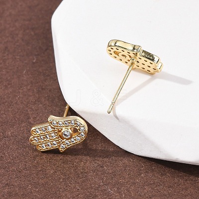 Hamsa Hand Brass Micro Pave Clear Cubic Zirconia Stud Earrings EJEW-H178-07G-1