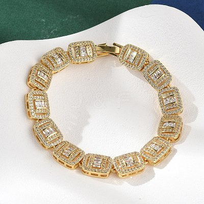 Brass Micro Pave Clear Cubic Zirconia Rectangle Link Bracelets for Women BJEW-C100-01G-1