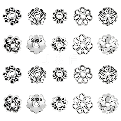20Pcs 5 Styles Retro 925 Sterling Silver Bead Caps STER-BC0004-10-1