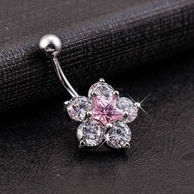 Piercing Jewelry Real Platinum Plated Brass Star Flower Rhinestone Navel Ring Belly Rings AJEW-EE0001-21B-1