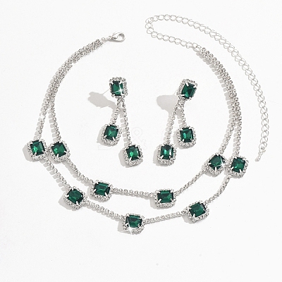 Rectangle Brass Rhinestone Double Layer Chain Necklace & Stud Dangle Earring Sets FS-WG7C731-01-1