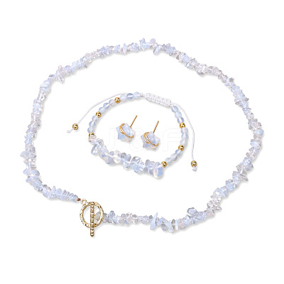 Opalite Chip with 304 Stainless Steel Beaded Necklace & Braided Bead Bracelet & Star Stud Earring FS-WG0BBF5-04-1