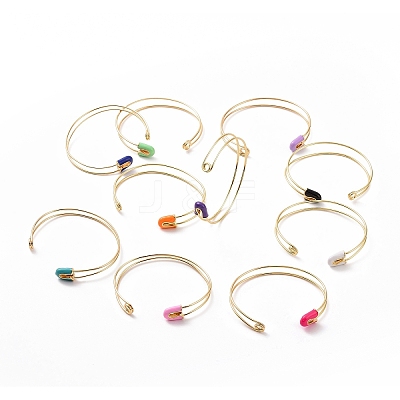 Enamel Safety Pin Shape Open Cuff Bangle BJEW-F445-18G-1