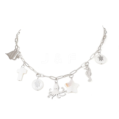 Alloy & Natural White Shell Pendant Brass Paperclip Chain Necklaces for Women NJEW-JN05406-03-1