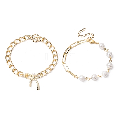 2Pcs 2 Styles Bowknot Aluminium Twisted Curb Chains Bracelet & Brass Paperclip & Shell Pearl Chains Bracelet Set for Women BJEW-JB11601-1