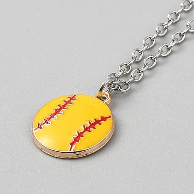 Baseball Alloy Yellow Enamel Pendant Cable Chain Necklaces for Women Men NJEW-WH0002-235-1