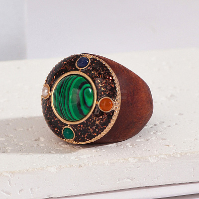 Flat Round Wood & Resin & Synthetic Malachite Finger Rings FS-WG75D49-01-1