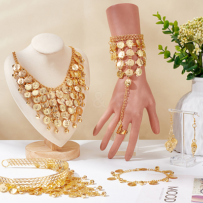 Alloy Flat Round Charms Cluster Bib Necklace & Ring Bracelet & Dangle Earrings & Headwears & Anklets SJEW-AN0001-47-1