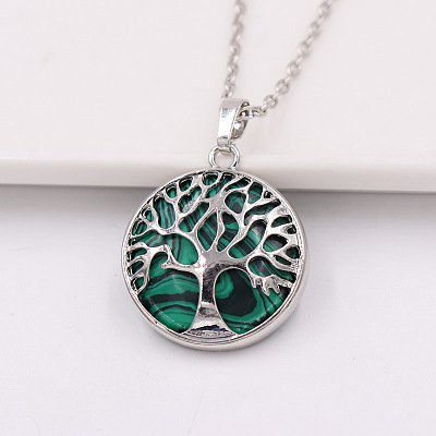 Synthetic Malachite Alloy Tree of Life Pendant Necklaces for Women Men FS-WG931AE-09-1
