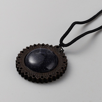 Synthetic Blue Goldstone & Wood Flower Pendant Necklace with Adjustable Nylon Cords NJEW-WH0002-118D-1