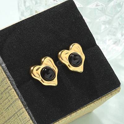 Natural Obsidian & Ion Plating(IP) 304 Stainless Steel Heart Stud Earrings EJEW-A118-04G-01-1